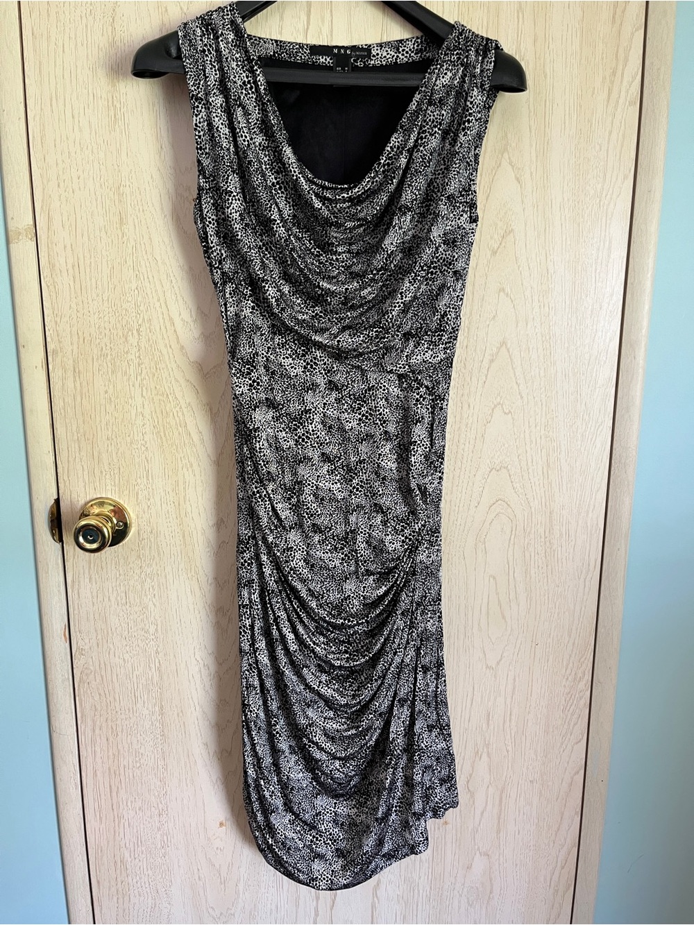 MNG Mango Black Leopard Print Ruched Draped Neck Bodycon Dress Size Small